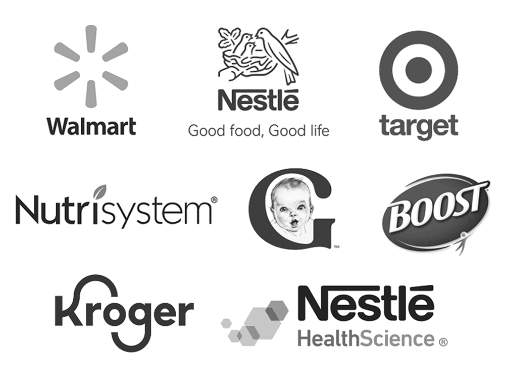 Collection of various company logos including Walmart, Nestlé, Target, Nutrisystem, G Baby, Boost, Kroger, and Nestlé Health Science.