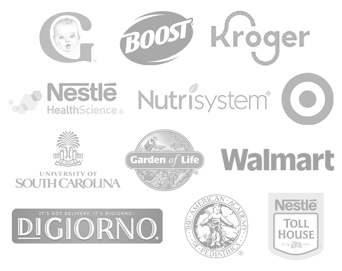 Black and white collage of various logos from brands including G, Boost, Kroger, Nestlé Health Science, Nutrisystem, Target, University of South Carolina, Garden of Life, Walmart, Digiorno, American Academy of Pediatrics, and Nestlé Toll House.
