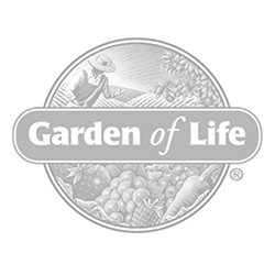 Logo for 'Garden of Life' featuring a circular design with plants, vegetables, and fruits