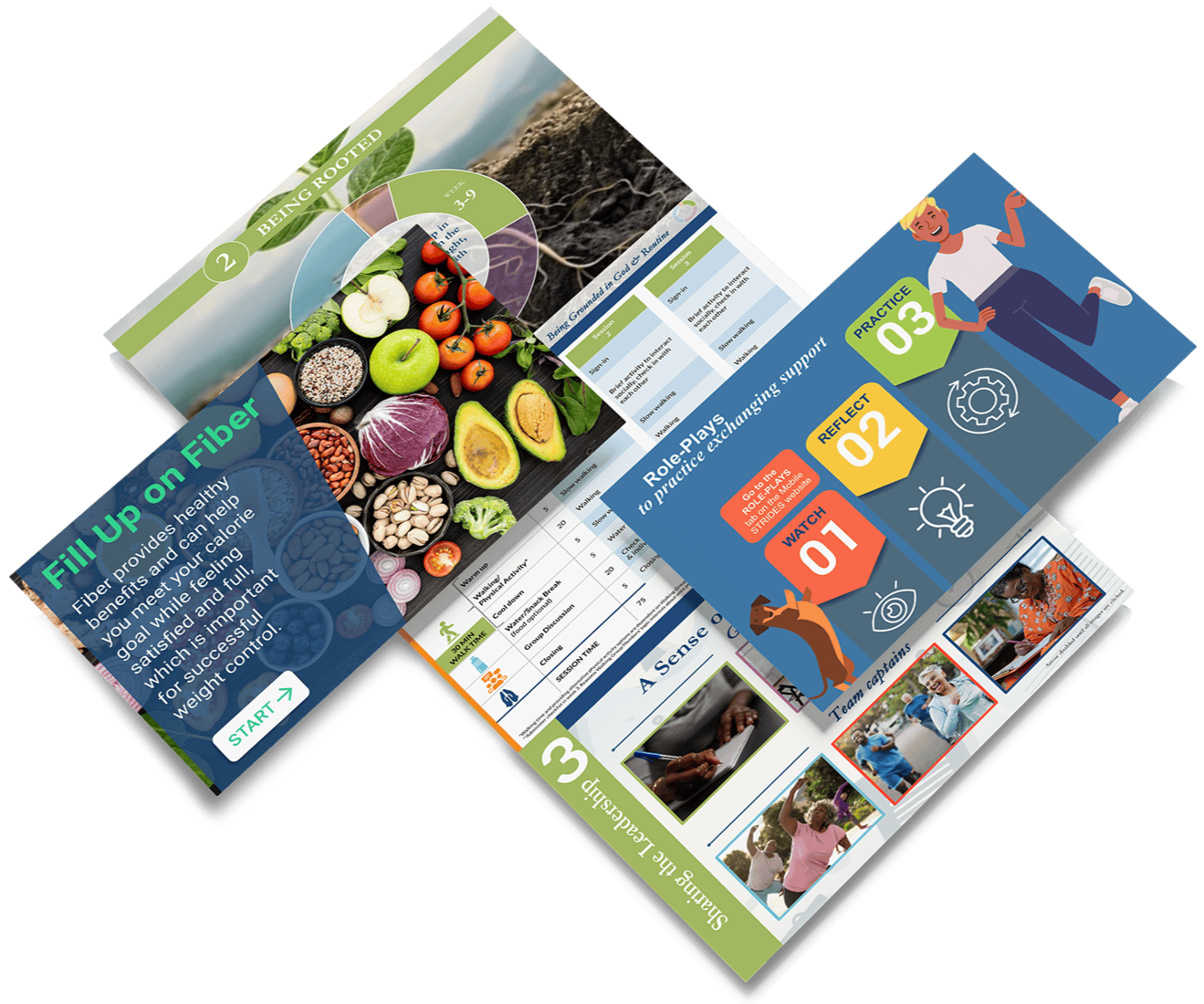 A colorful informational brochure about health and wellness, featuring images of fresh vegetables and fruits, with sections on fiber benefits, role-playing activities, and team support.