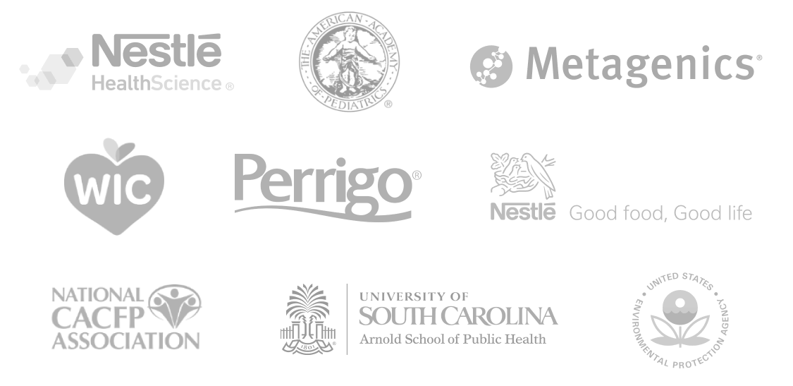 A collection of logos from organizations and companies such as Nestlé, Metagenics, WIC, Perrigo, University of South Carolina, and the U.S. Environmental Protection Agency.