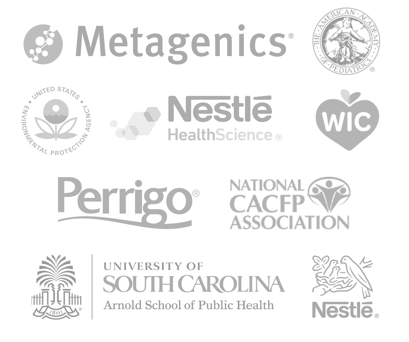 Collection of logos from various organizations, including Metagenics, American Academy of Pediatrics, United States Environmental Protection Agency, Nestlé Health Science, WIC, Perrigo, National CACFP Association, University of South Carolina Arnold School of Public Health, and Nestlé.