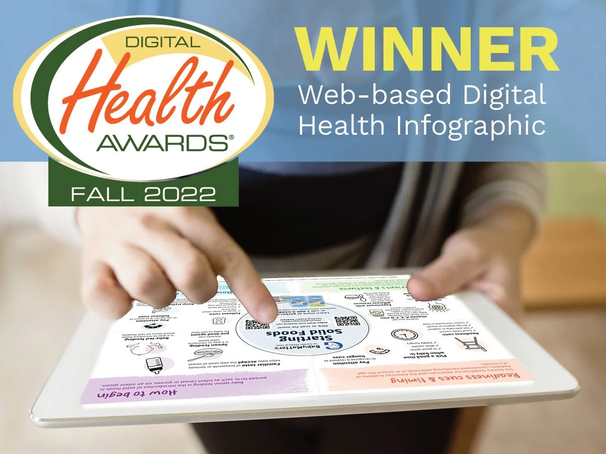 A person holding a tablet displaying a health infographic. The overlay text indicates the image is associated with the Digital Health Awards, where it was a winner in the Fall 2022 Web-based Digital Health Infographic category.
