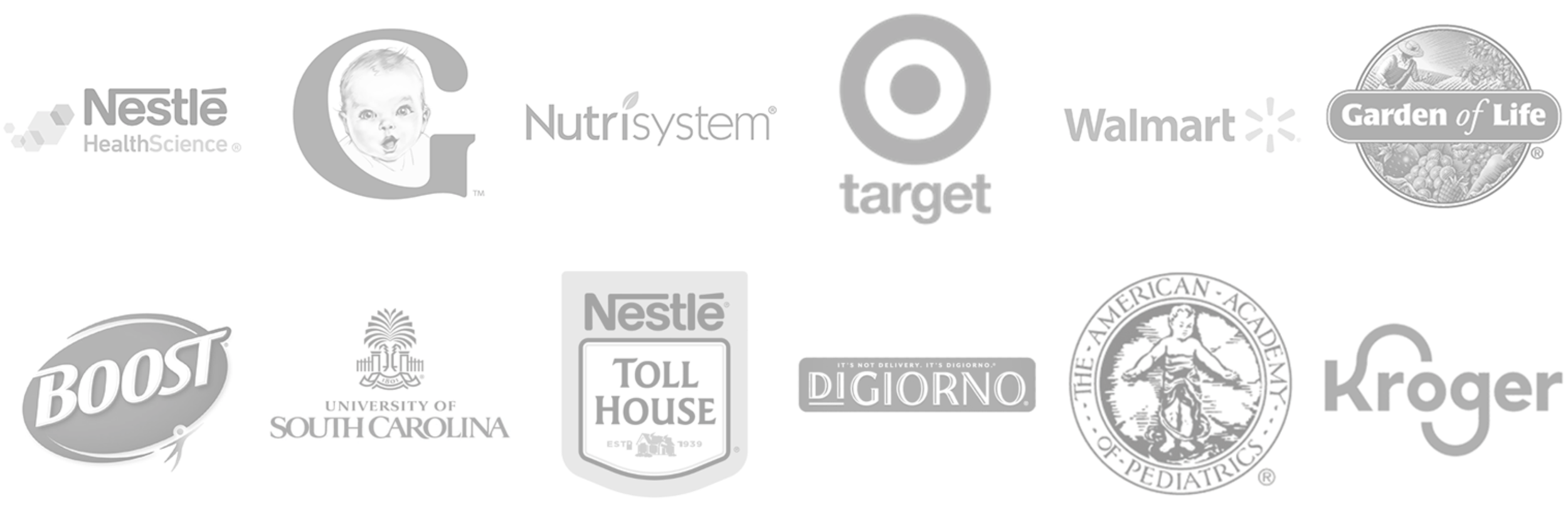 Collection of grayscale logos from various brands and organizations, including Nestlé, Target, Walmart, Garden of Life, Kroger, and others, arranged in two rows.