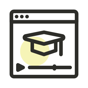A black and white line icon of a browser window showing a graduation cap