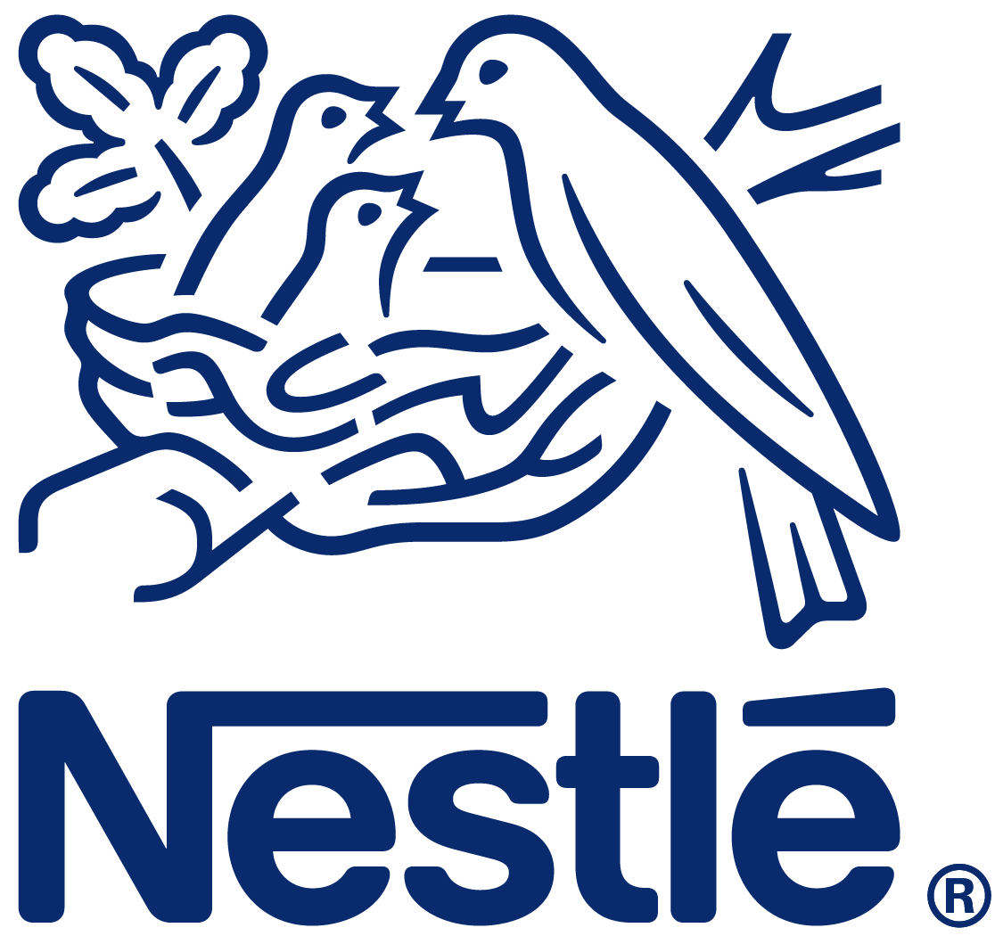 Nestlé logo featuring a line drawing of a mother bird feeding her three chicks in a nest, with the word 'Nestlé' written below.