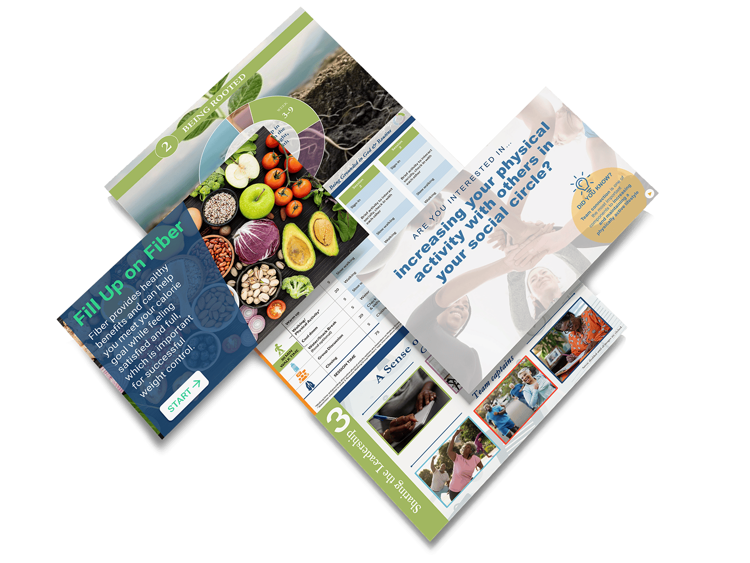 Open brochure with sections on fiber-rich foods, physical activity, and social engagement. Features images of fresh vegetables and people exercising and socializing.