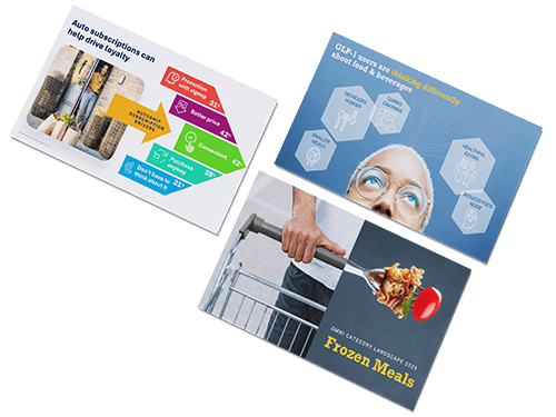 Set of three informational brochures about subscriptions, health, and frozen meals. The first brochure discusses auto subscriptions with icons for various services. The second focuses on GLP-1 and other antidiabetic medications, featuring a person's face with glasses and scientific icons. The third shows a person holding a shopping cart and scooping frozen food into it.
