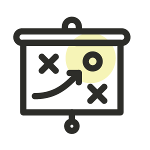 A black and white line icon of a sports playbook, depicted as x’s and o’s with an arrow pointing the direction of the play.