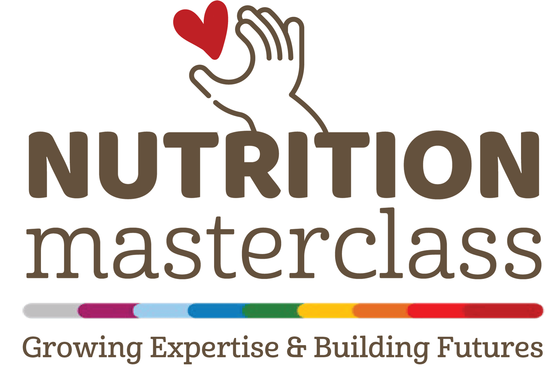 Logo for Nutrition Masterclass featuring a stylized hand holding a red heart, with the text 'Nutrition masterclass' and the tagline 'Growing Expertise & Building Futures' beneath, and a colorful rainbow stripe at the bottom.