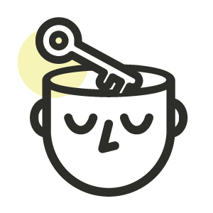 A black and white line icon of a content looking face with a key seemingly reaching into their brain to unlock what is within.