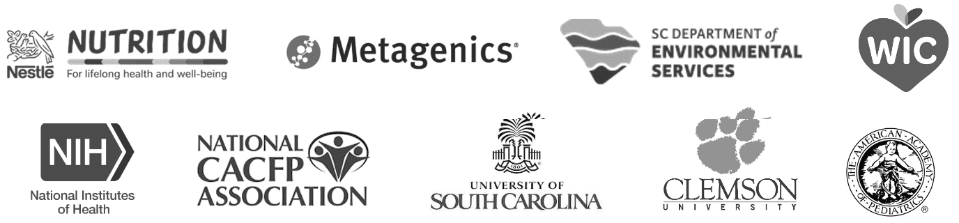 Collection of logos for organizations including Nestlé Nutrition, Metagenics, SC Department of Environmental Services, WIC, NIH, National CACFP Association, University of South Carolina, Clemson University, and American Academy of Pediatrics.