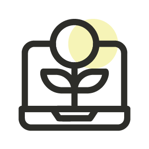 A black and white line icon of a plant sprouting from a laptop.
