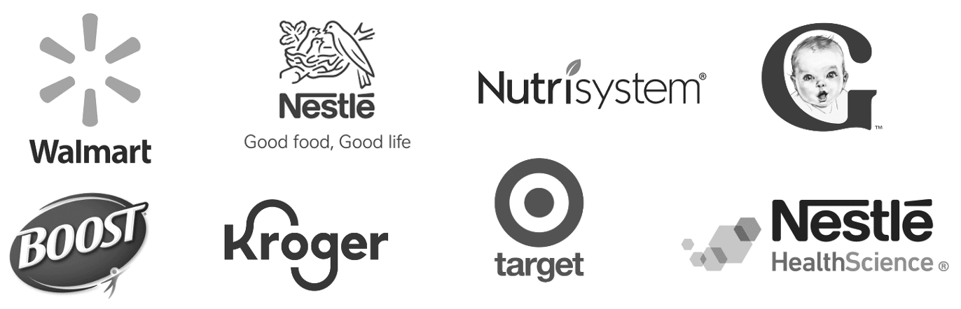 A collection of various company logos including Walmart, Nestlé, Nutrisystem, G, Boost, Kroger, Target, and Nestlé Health Science.