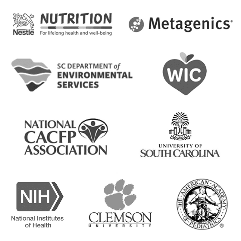 Collection of logos from various organizations including Nestlé Nutrition, Metagenics, SC Department of Environmental Services, WIC, National CACFP Association, University of South Carolina, NIH, Clemson University, and the American Academy of Pediatrics.