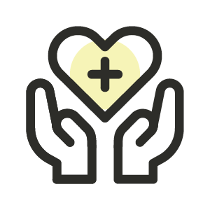 A black and white line icon of two hands cupping a heart