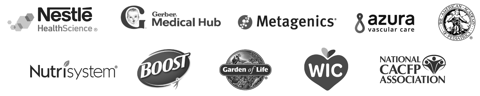 A collection of logos from various organizations and brands, including Nestlé Health Science, Gerber Medical Hub, Metagenics, Azura Vascular Care, the American Academy of Pediatrics, NutriSystem, Boost, Garden of Life, WIC, and the National CACP Association.