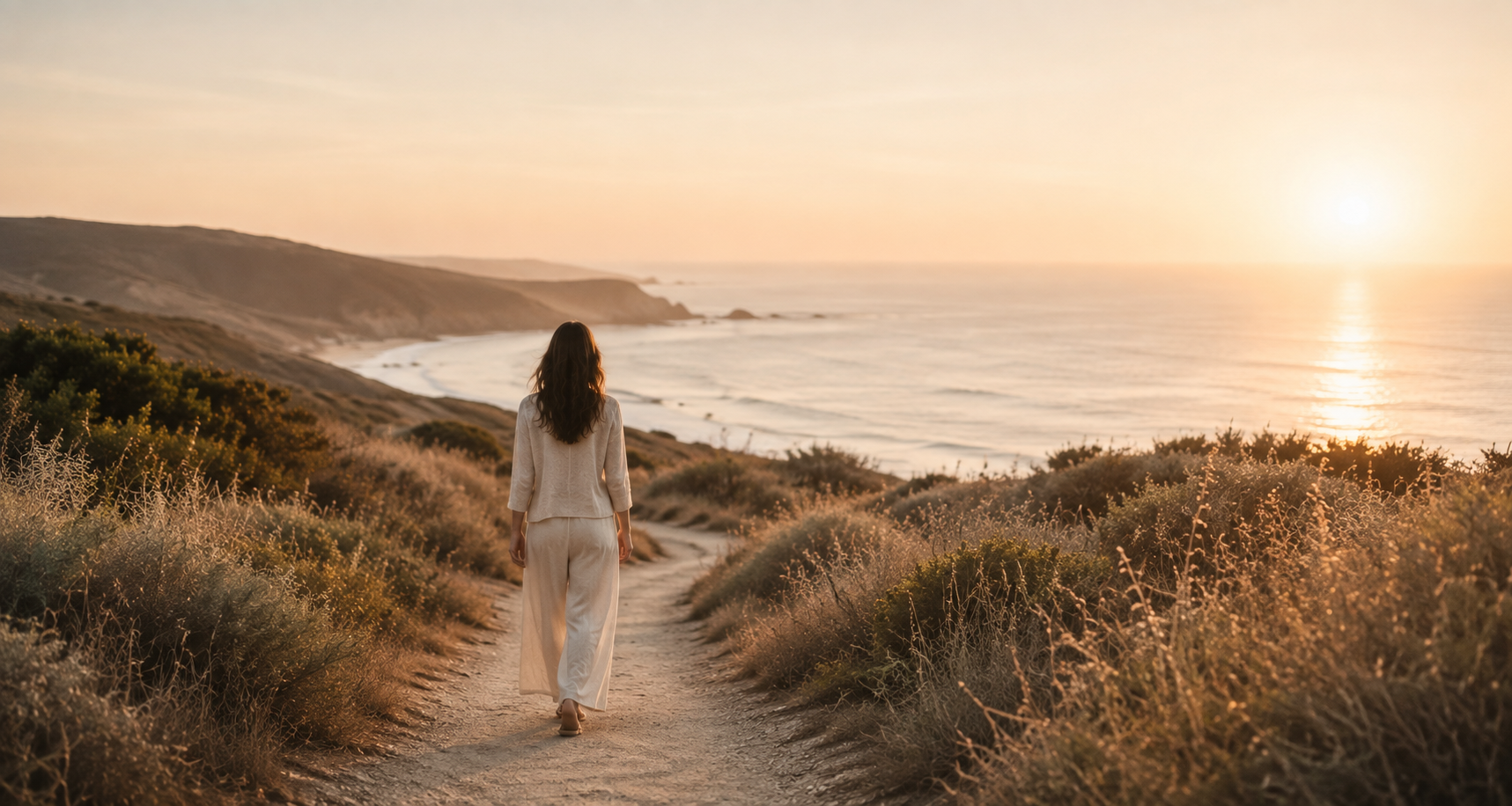 A woman in white walking down a dirt path towards the ocean during sunset, with coastal vegetation on either side.
