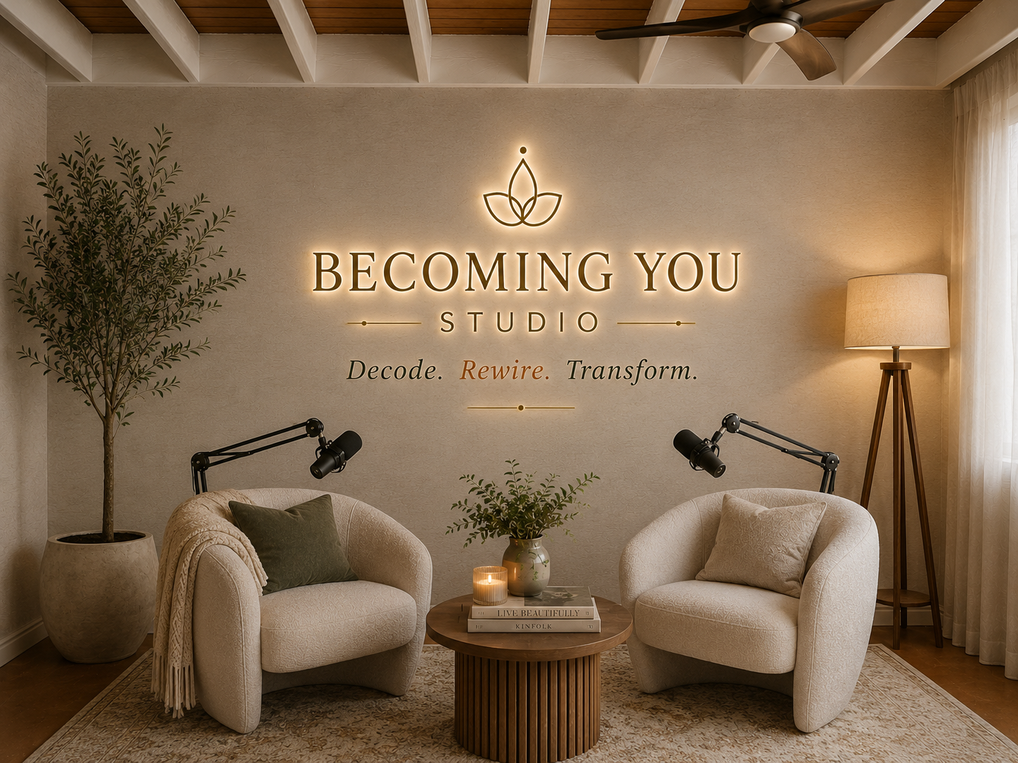 Becoming You Studio coaching space with the words "Becoming You Studio" and "DECODE. REWIRE. TRANSFORM." displayed on the wall.