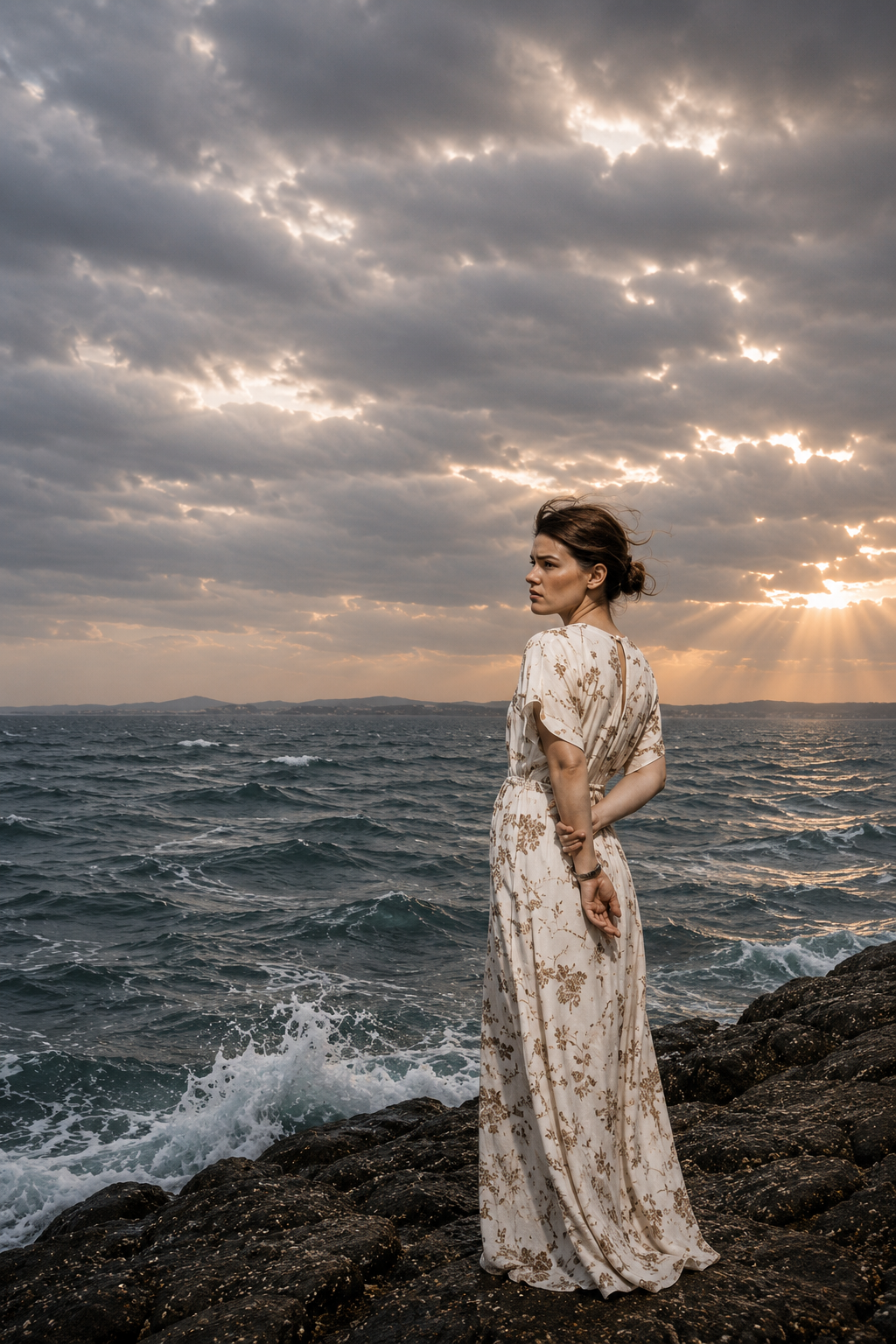 A woman standing on rocks by the ocean during sunset, wearing a beige dress with gold floral patterns, with cloudy sky and sunlight breaking through.