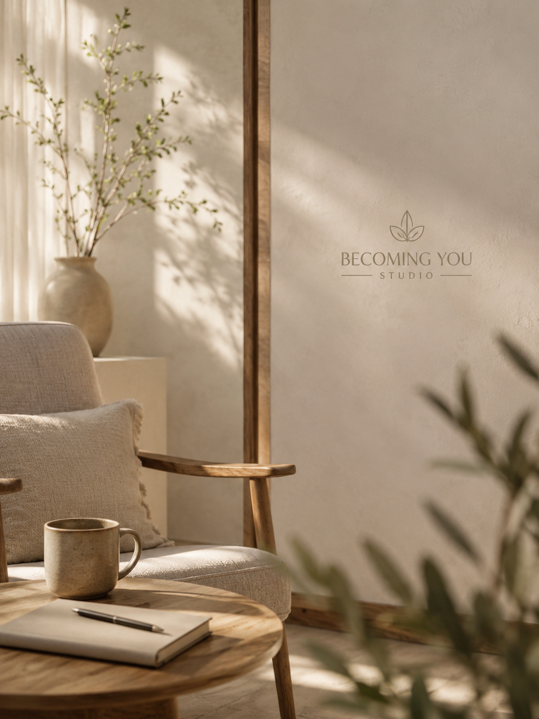 A cozy living space with a beige armchair, a wooden side table with a notebook, pen, and a ceramic mug, and a large vase with leafy branches in the background. Sunlight filters through curtains, casting shadows on a wall displaying the logo 'Becoming You Studio' with a leaf icon.