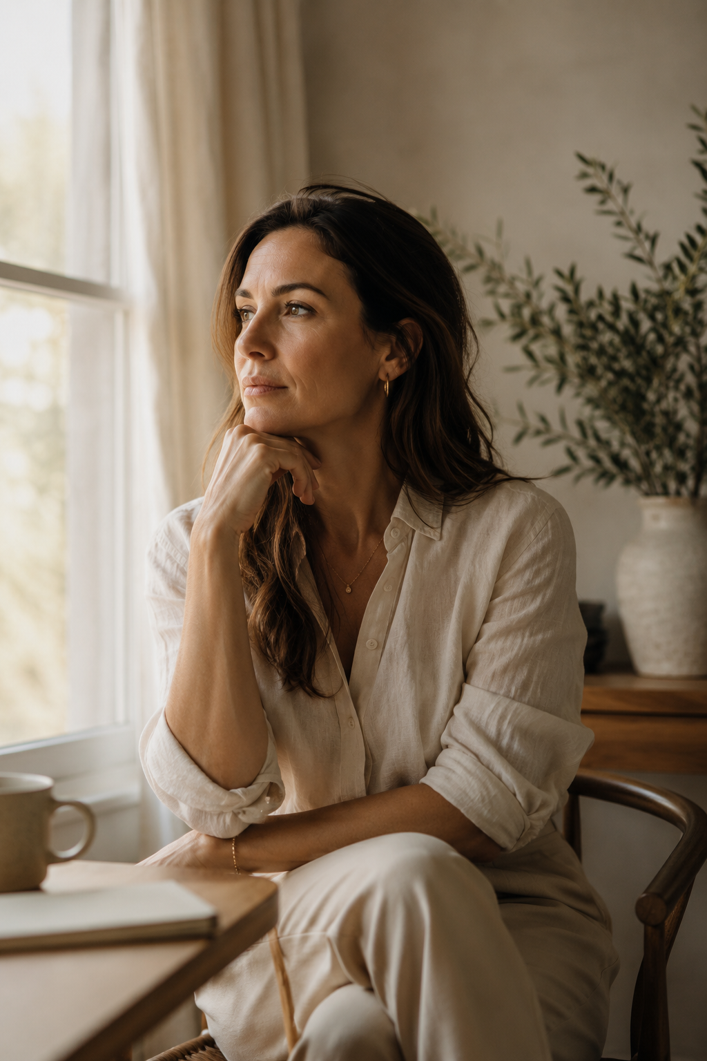 A woman with long brown hair, wearing a cream-colored blouse, sitting at a table near a window with natural light, looking thoughtfully outside.