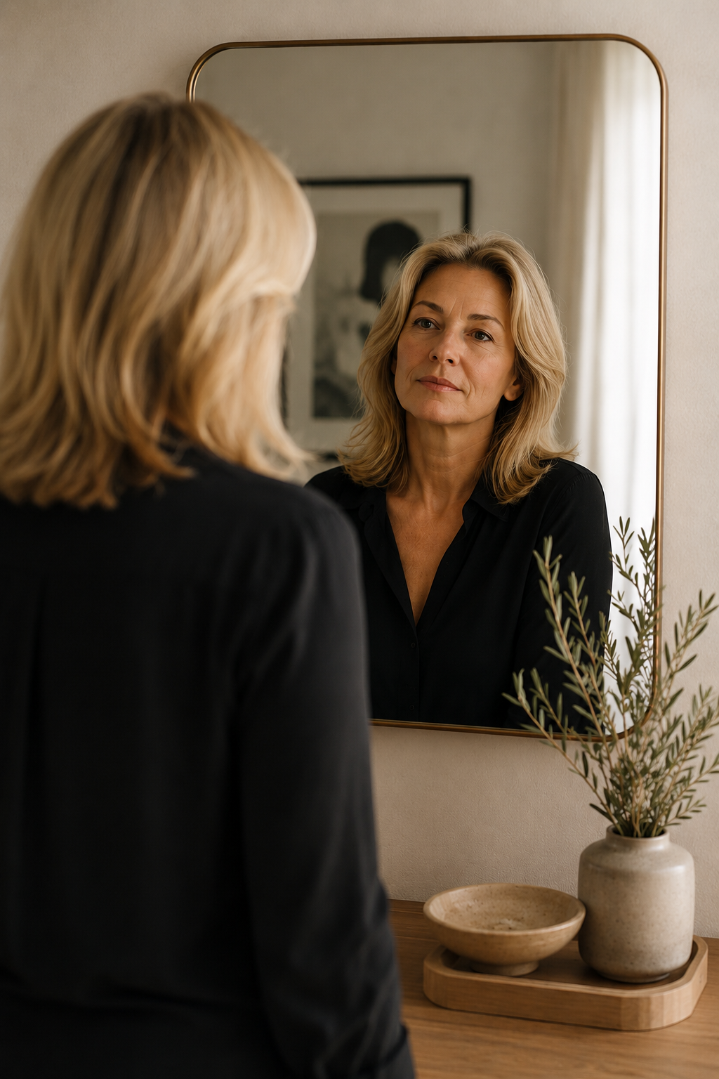 A woman with blonde, shoulder-length hair looks at her reflection in a mirror. She is wearing a black shirt and is standing near a wooden dresser with a small potted plant, a round ceramic bowl, and a wooden tray.