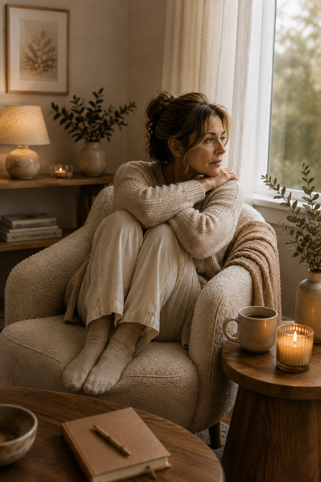 A woman sitting on a comfy armchair near a window, gazing outside with a thoughtful expression. The room has beige tones, a lit candle, a cup of coffee, and decorative items on a side table and shelves.