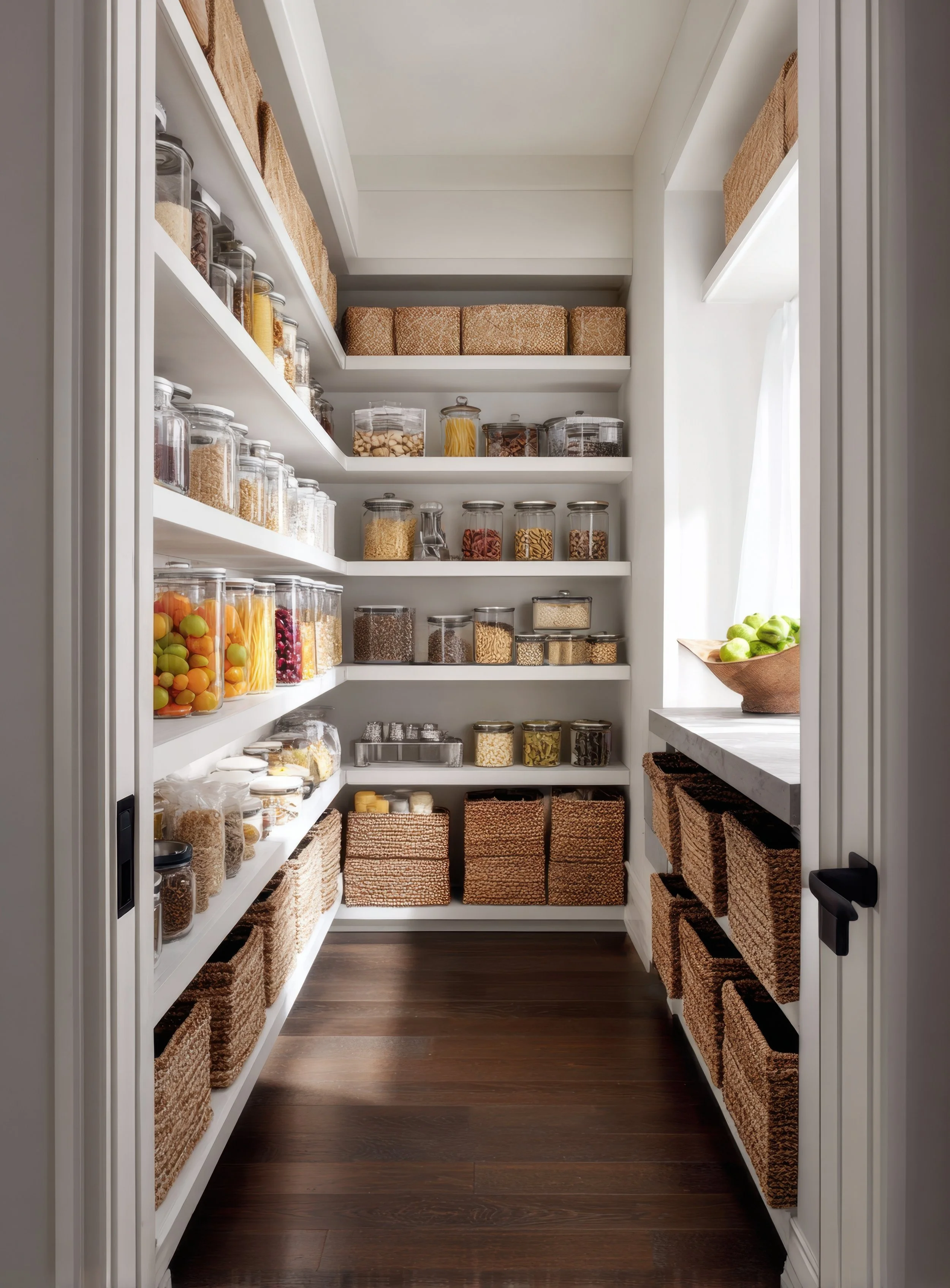 A walk-in pantry with white shelves filled with glass jars containing dry foods and brown woven baskets on shelves and in storage bins on the floor.