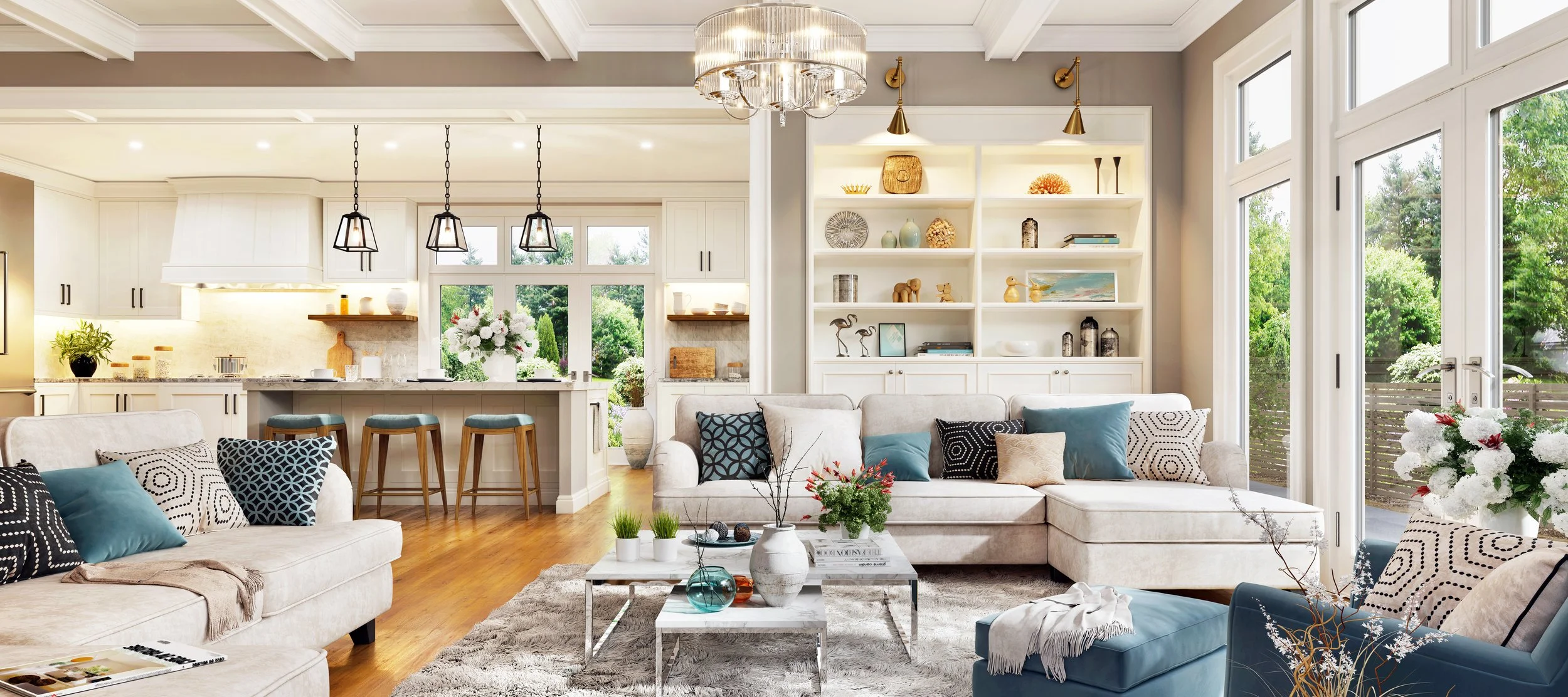 Bright living room with beige sofas and decorative pillows, open kitchen with white cabinets, wooden stools at the island, and large windows showing a green outdoor landscape, with lush greenery visible outside.