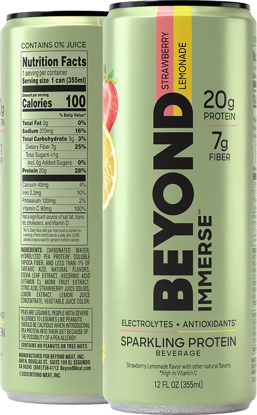 Can of Beyond Meat BOLD Immune Sparkling Protein beverage with strawberry lemonade flavor, lemon, and strawberry images, showing nutritional facts and ingredients.