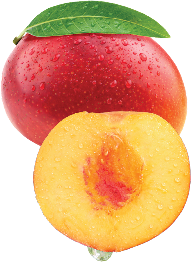 A whole red peach with water droplets on its surface and a green leaf on top, next to a sliced half of the peach showing its yellow flesh and red seed inside.