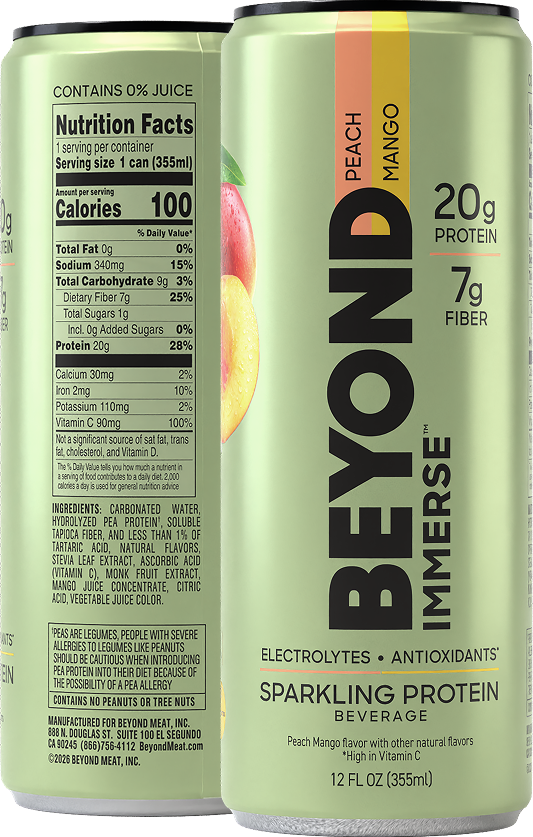 Can of BEYOND IMMERSION Peach Mango sparkling protein beverage with electrolytes and antioxidants, featuring peach and mango flavor, 12 fl oz (355 ml).