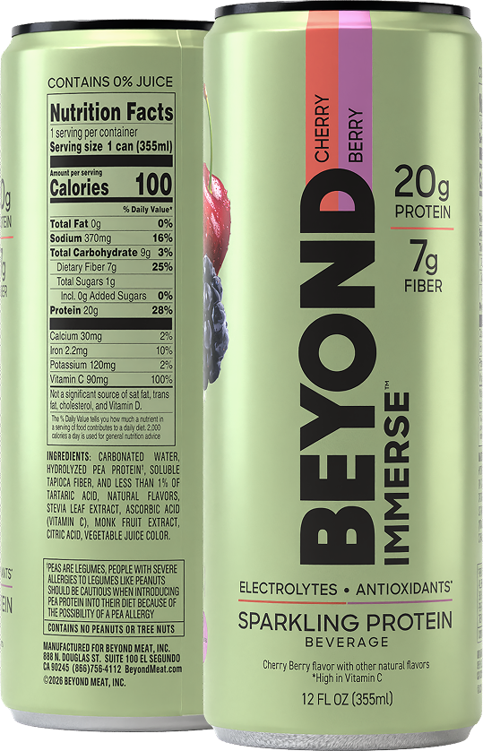 Cans of Beyond Meat's Beyond Serve sparkling protein beverage in cherry berry flavor with nutritional facts and ingredients listed.