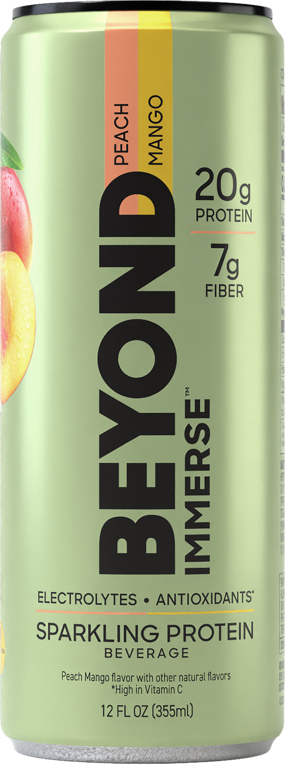 A can of Bai beverage with a peach mango flavor, featuring nutritional information including 20 grams of protein and 7 grams of fiber, and stating it is a sparkling protein beverage high in Vitamin C.