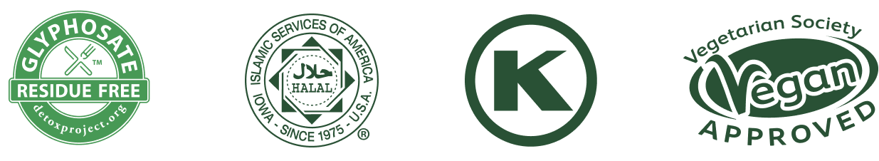 Icons representing gluten-free, halal, vegan, and K certification labels.