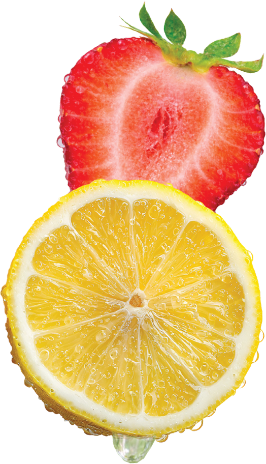 A halved strawberry and a halved lemon stacked on top of each other.