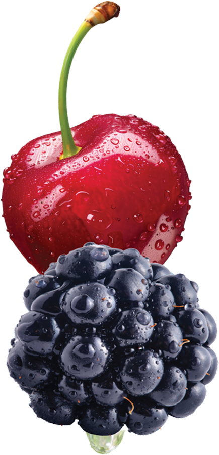 A red cherry with water droplets and a cluster of black blackberries with water droplets.