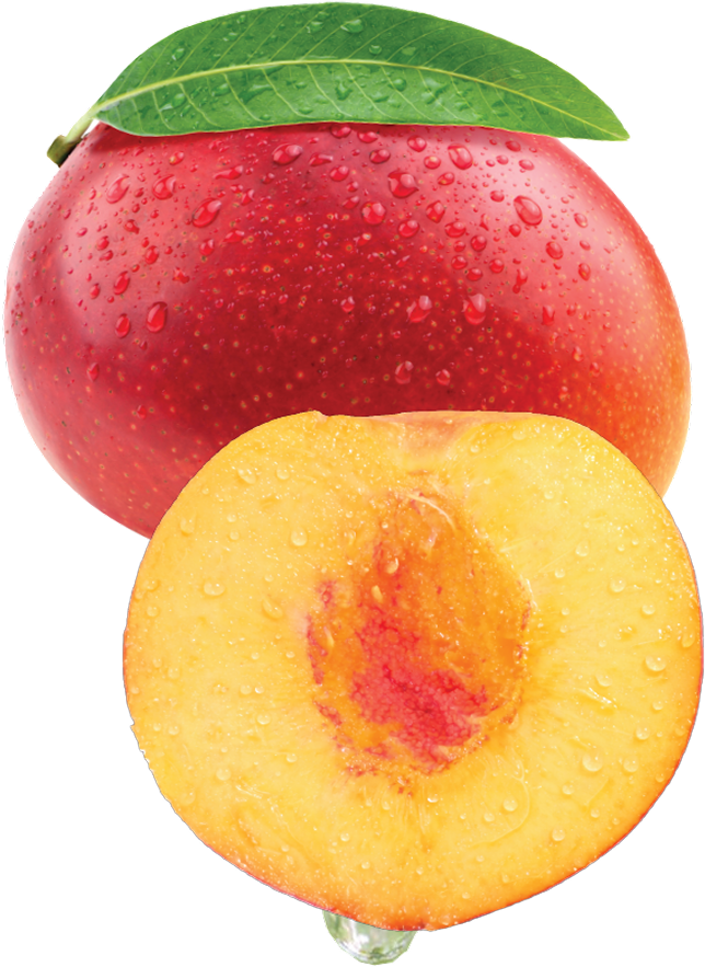A whole red and yellow peach with water droplets on its surface, accompanied by a leaf, and a halved peach showing yellow and red flesh with water droplets.