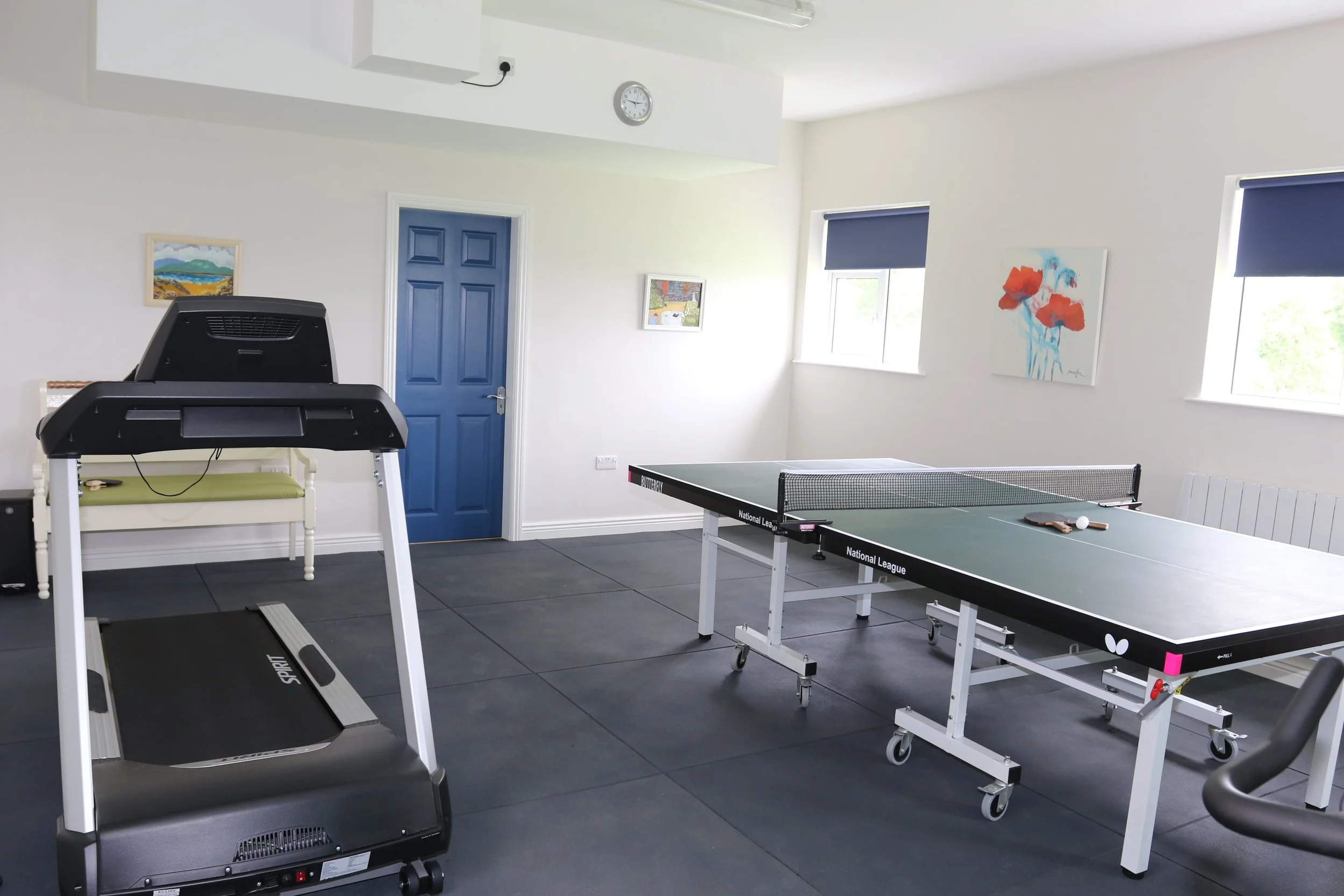 Our recreationn room with exercise and fitness equipment, including a treadmill and full-size ping pong table
