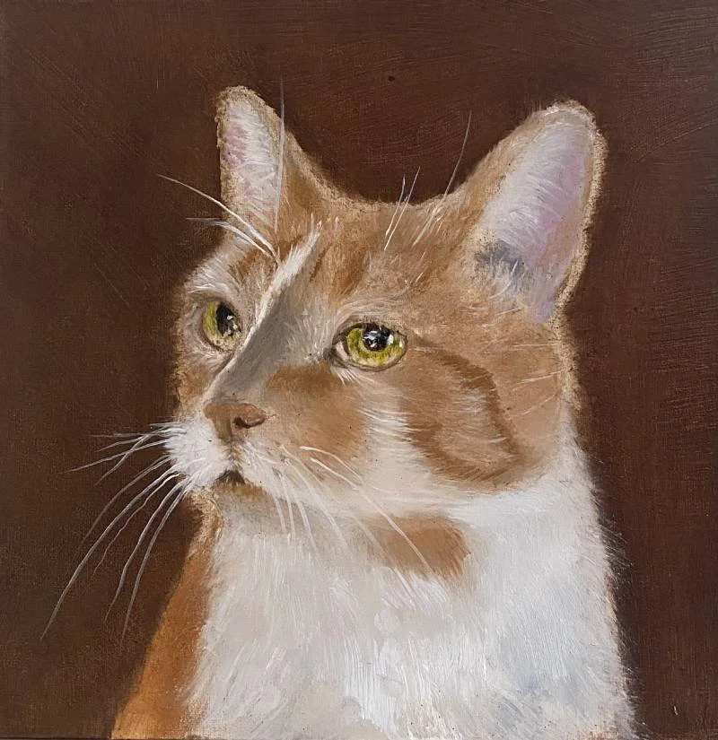 A realistic painting of a brown and white cat with green eyes against a dark background.