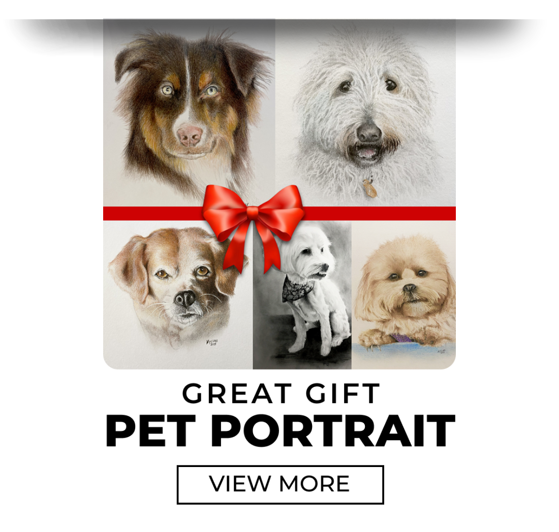 Collage of five dog portraits with a red ribbon and bow in the center.