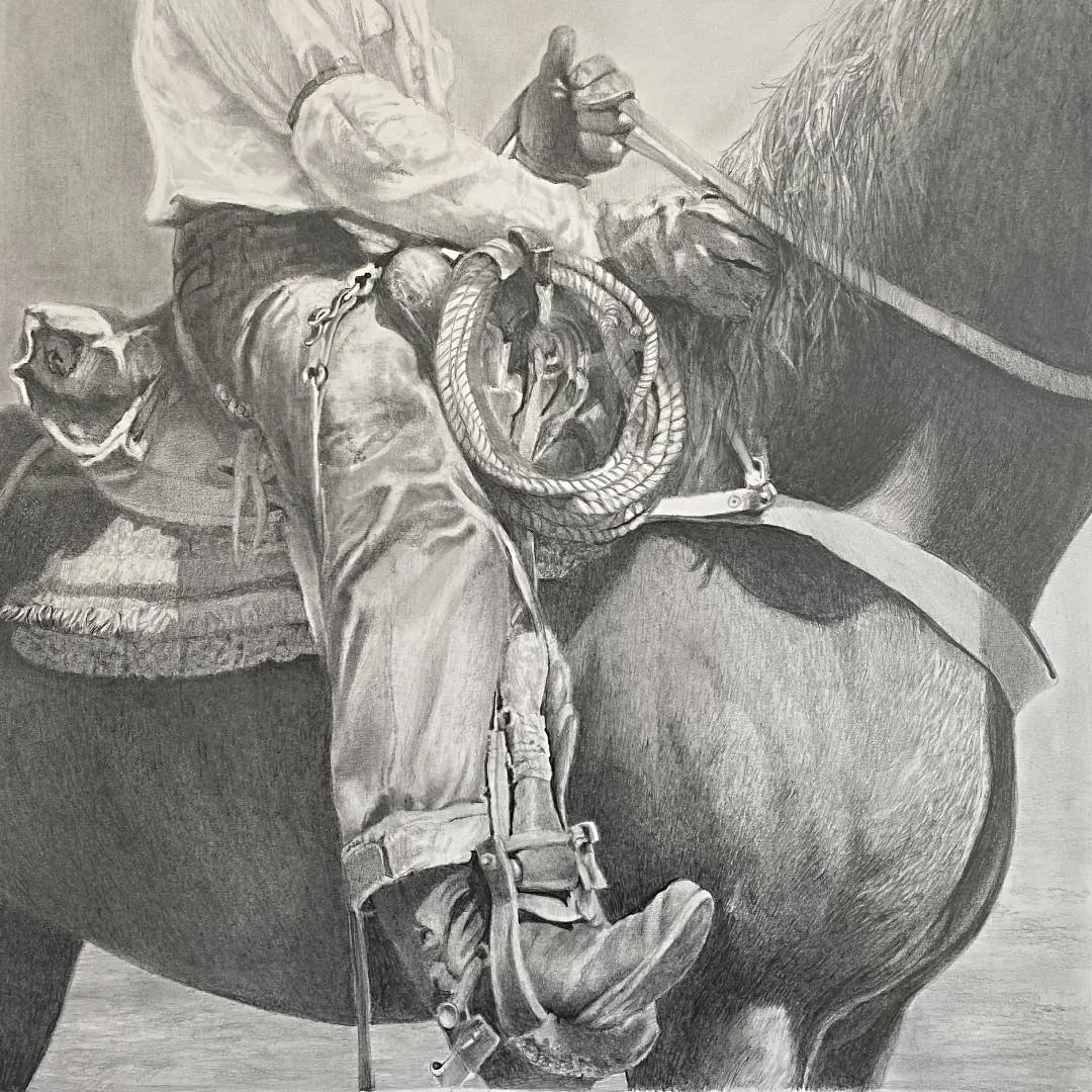 Close-up of a cowboy's leather belt, holster, and gun, with a rope coiled on his waist, and part of his jeans and cowboy boots visible.