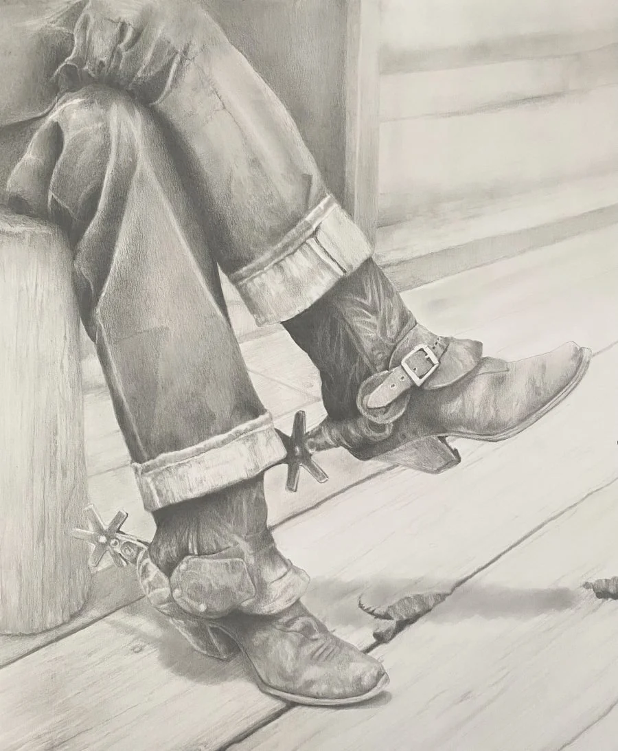 Drawing of a person wearing cowboy boots and jeans with rolled-up cuffs, holding a small firearm with both hands, standing on wooden floorboards near a wooden wall and a nearby wooden barrel.