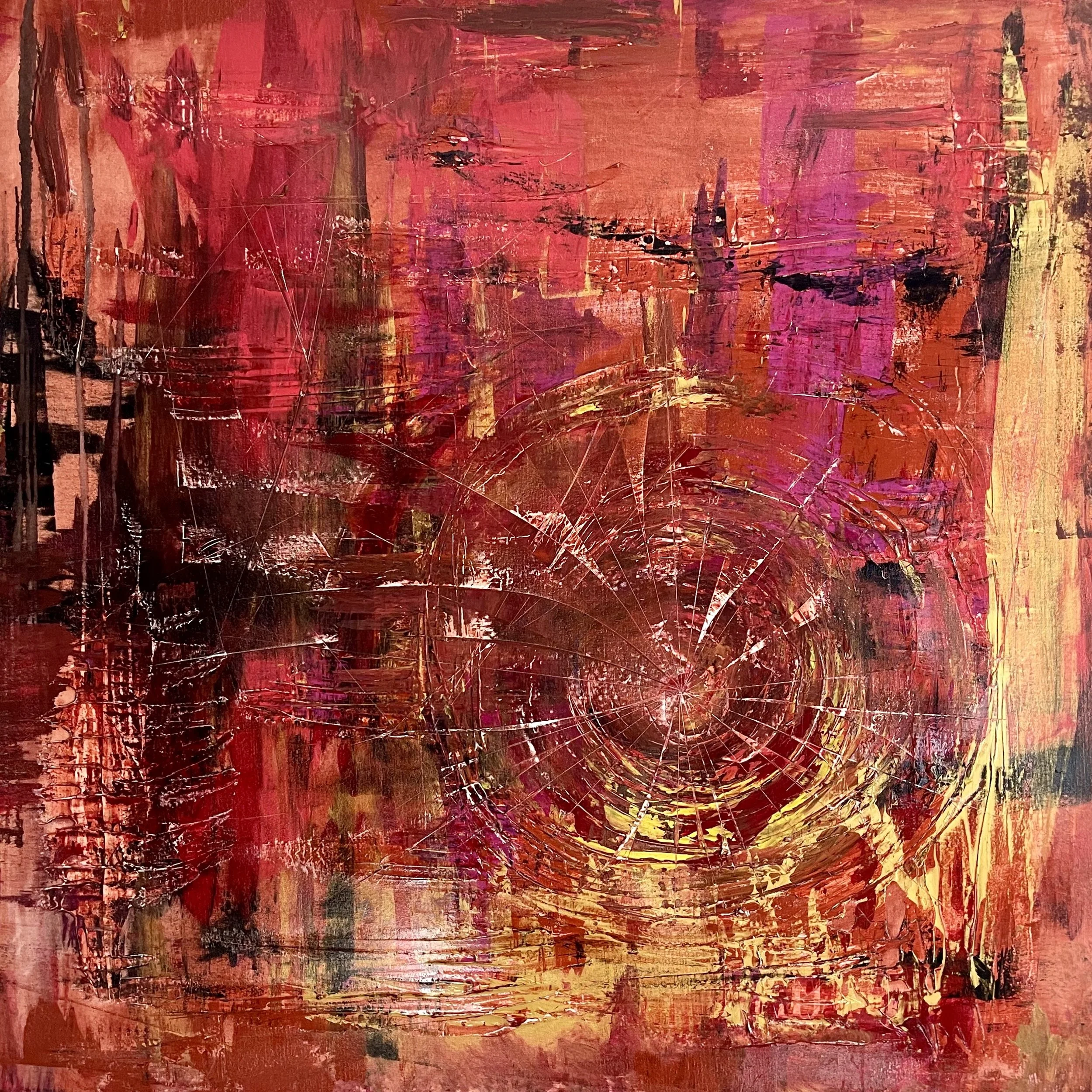 Abstract expressionist work in deep reds, magenta and gold with a circular form emerging from layered gestural brush strokes.