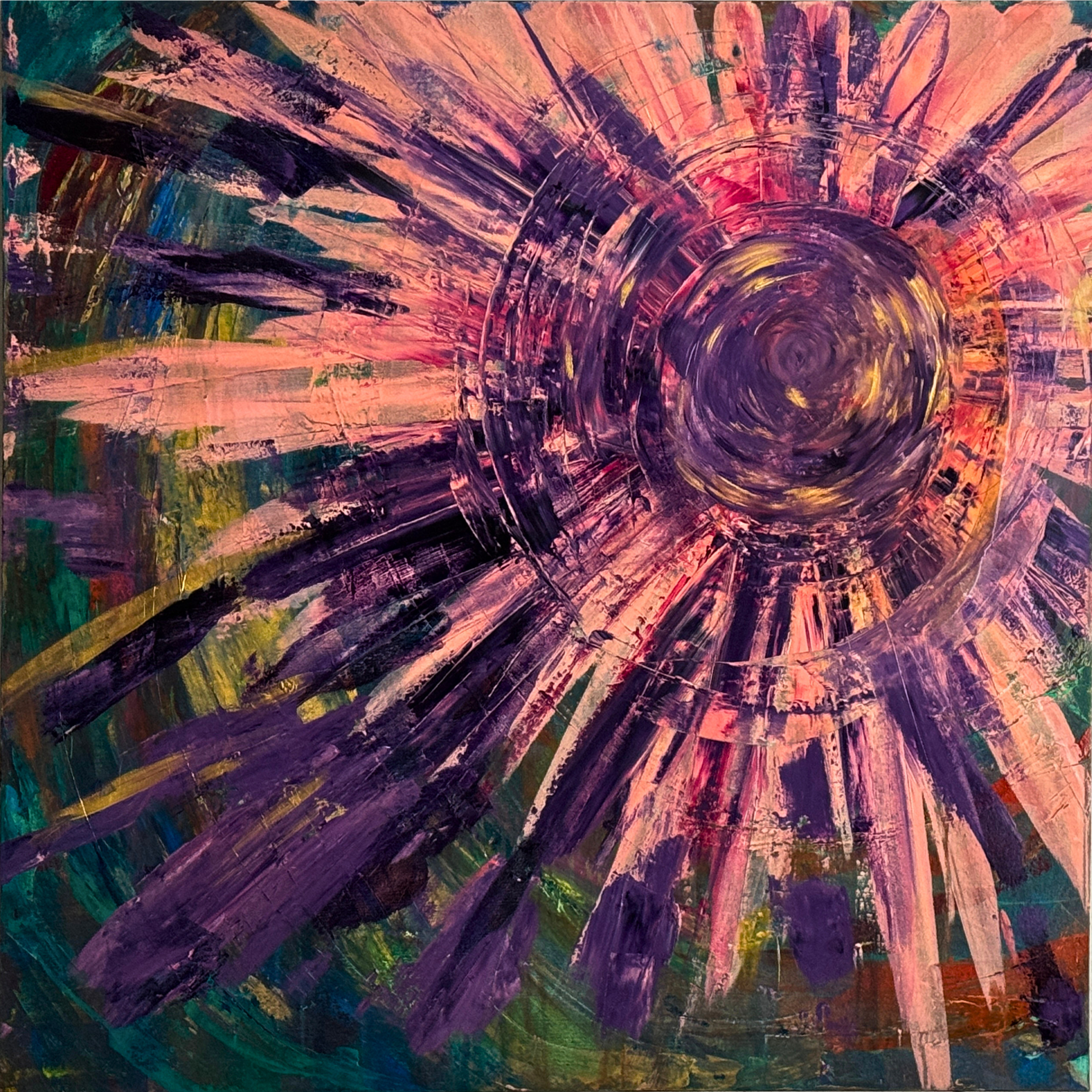 Abstract painting with purple and pink radial strokes around a dark center over a green and teal background.