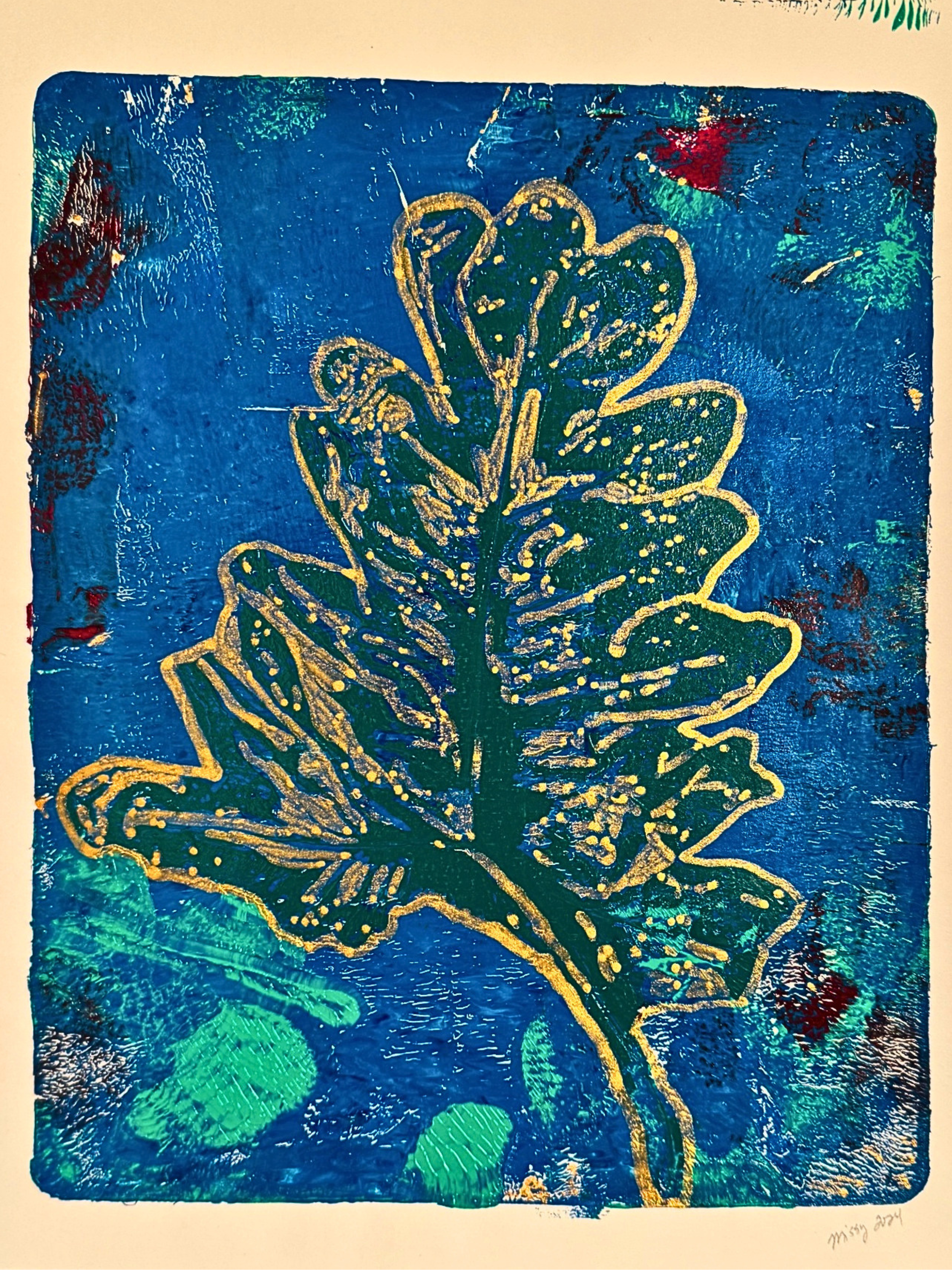 Blue and teal gel print featuring a textured botanical leaf outlined in gold against layered abstract marks.