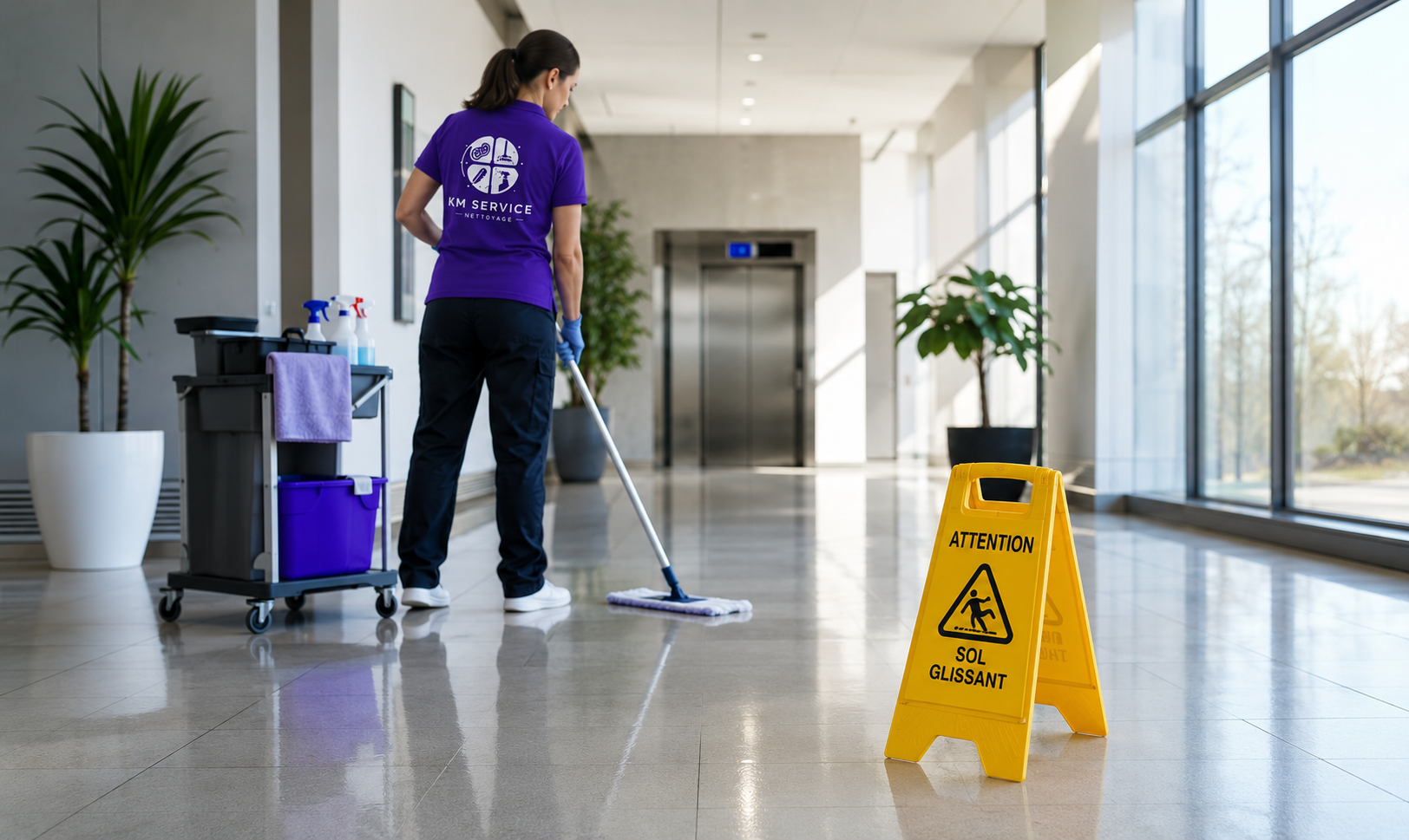Une femme en uniforme violet nettoie le sol avec une serpillère dans un hall spacieux avec de grandes fenêtres. Un panneau jaune avertit: 'Attention sol glissant'.