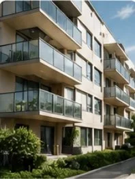 Bâtiment résidentiel moderne avec plusieurs balcons en verre.