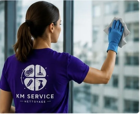 Femme avec un t-shirt violet nettoyant une vitre avec un chiffon en utilisant des gants bleus.